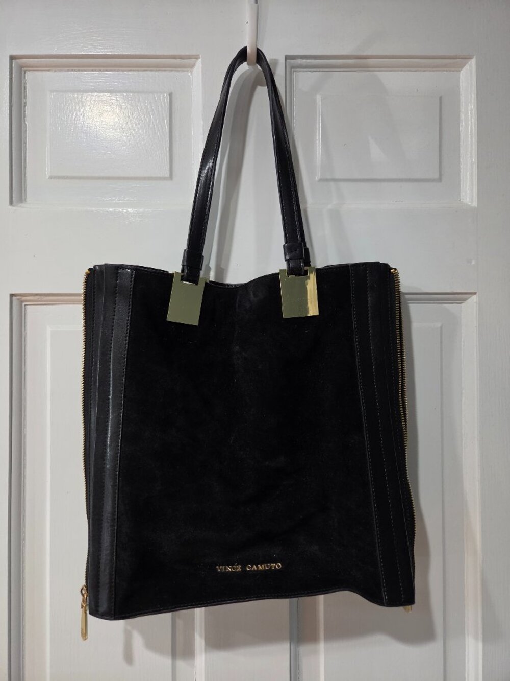 Vince Camuto Black Suede Leather Expandable Tote Bag